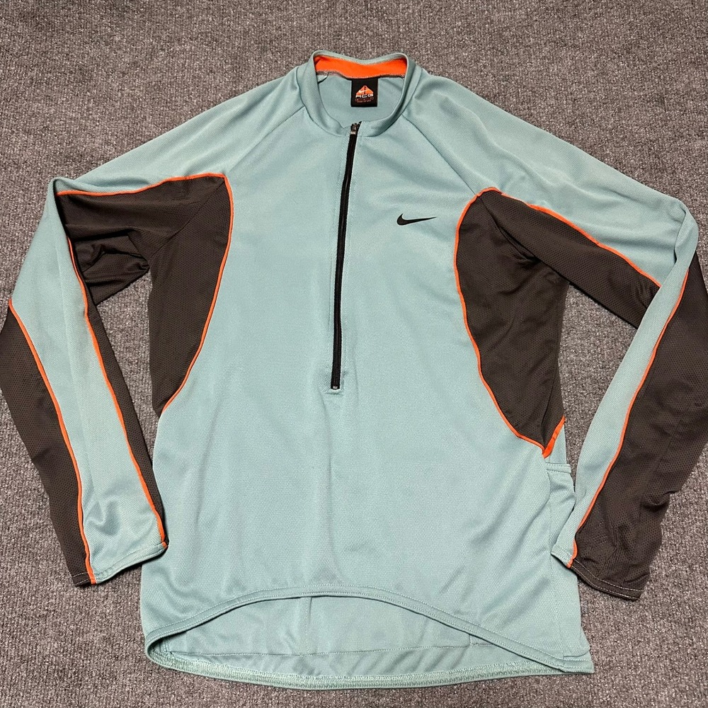 Vintage Nike ACG Mens 1/4 Zip Dri-FIT Cycling Jersey Blue Grey Orange Medium
